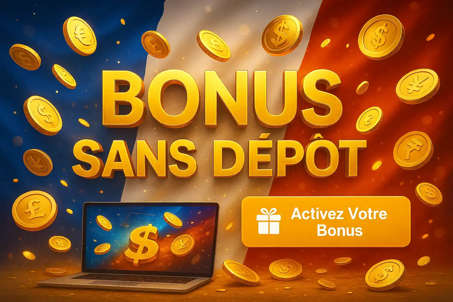 Bannière promotionnelle pour le bonus sans dépôt de Fatboss, avec des pièces d'or flottantes et un ordinateur portable sur un fond aux couleurs du drapeau français.