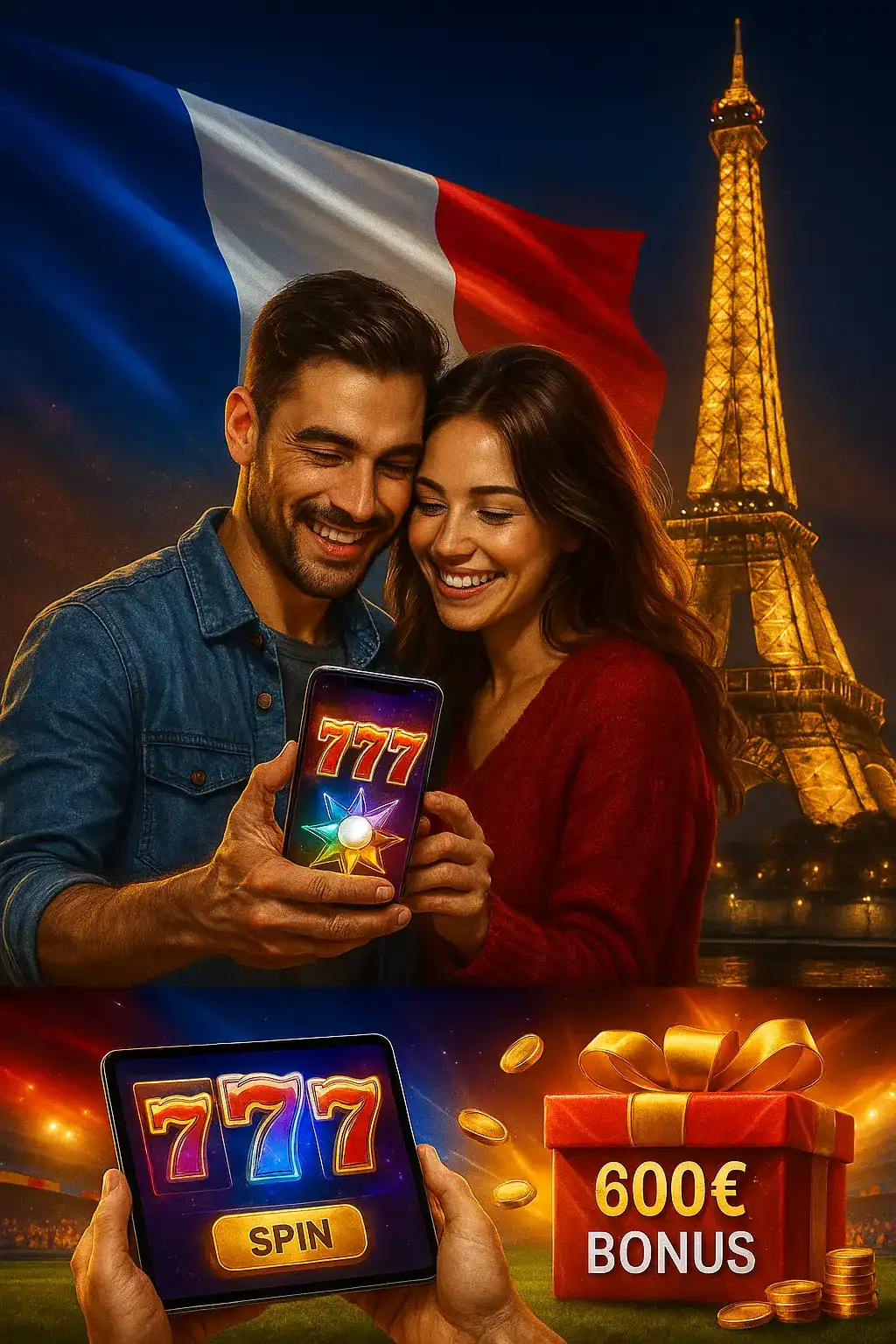 Collage promotionnel de Fatboss montrant un couple à Paris, des icônes de machines à sous 777 et un cadeau bonus de 600€ pour les nouveaux joueurs français.