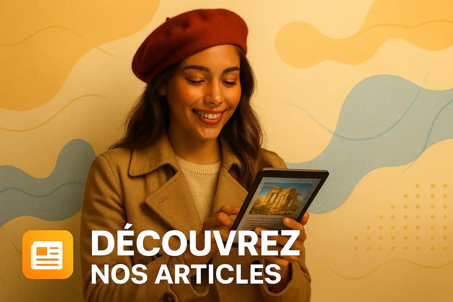 Découvrez nos articles et guides de casino sur Fatboss. Une femme française souriante, portant un béret, lit les articles du blog de Fatboss sur une tablette pour découvrir des conseils de jeu et des actualités.