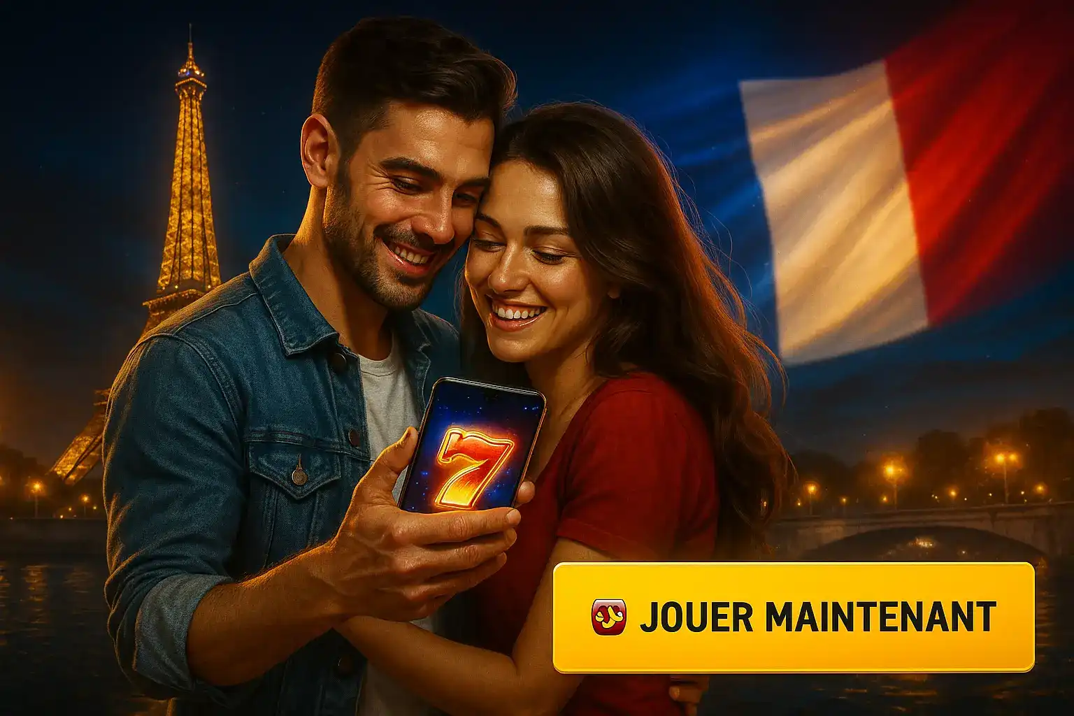 Jouez maintenant aux jeux de casino Fatboss où que vous soyez. Un couple romantique au bord de la Seine à Paris, jouant à une machine à sous 777 sur un smartphone Fatboss, avec la Tour Eiffel et le drapeau français.