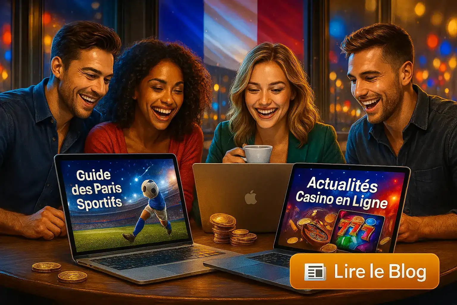 Lisez le blog de Fatboss pour les actualités et les guides. Un groupe d'amis lit le blog de Fatboss sur des ordinateurs portables, consultant le guide des paris sportifs et les actualités du casino en ligne.
