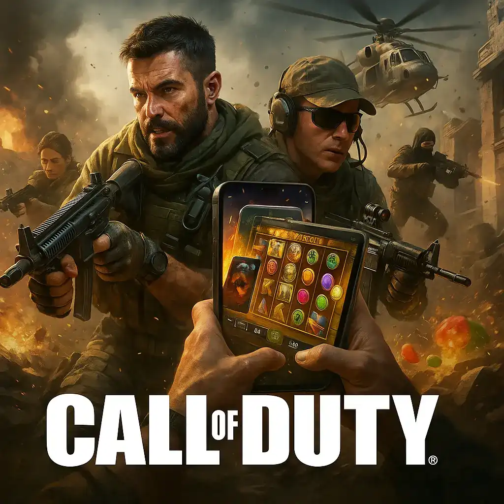 Montage promotionnel montrant des personnages du jeu Call of Duty tenant des armes, avec des mains présentant des machines à sous de casino sur un téléphone Fatboss.