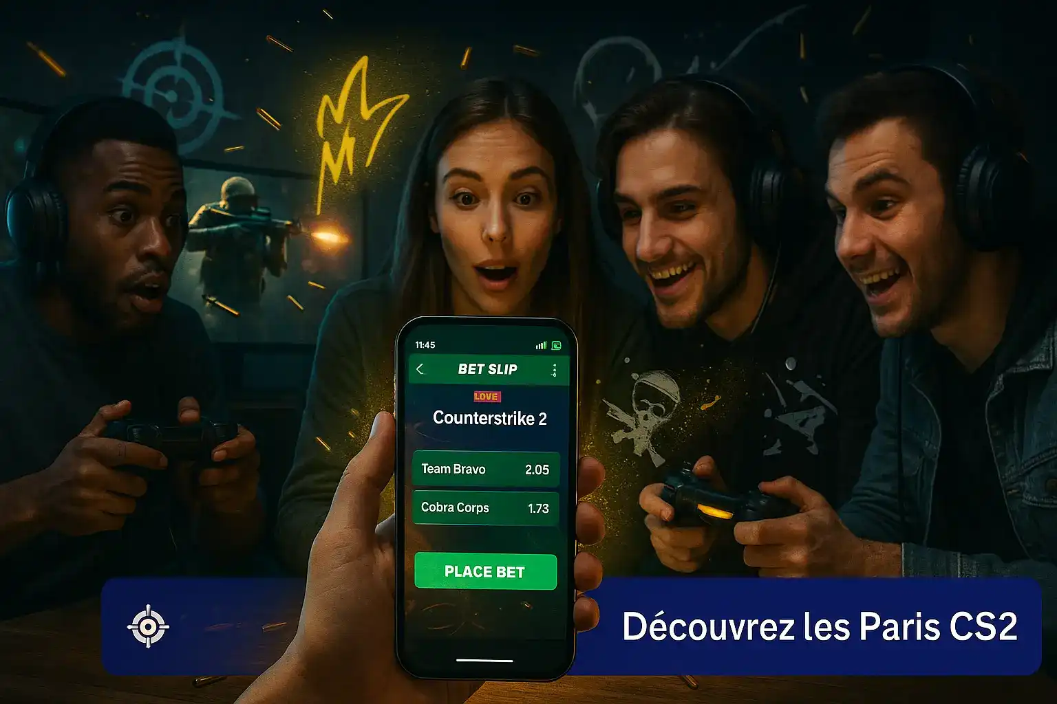 Un groupe d'amis réagit avec enthousiasme en regardant un pari sur Counterstrike 2 sur un smartphone, prêts à placer un pari sur le site de Fatboss.