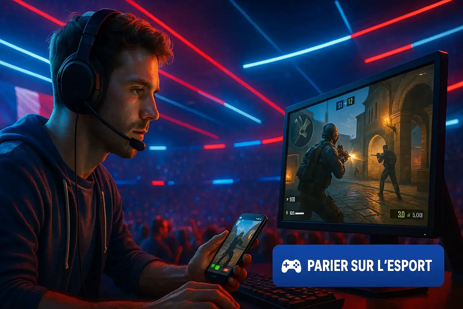 Un joueur professionnel dans une arène d'e-sport place un pari sur son mobile Fatboss tout en jouant à un jeu de tir à la première personne sur son ordinateur.