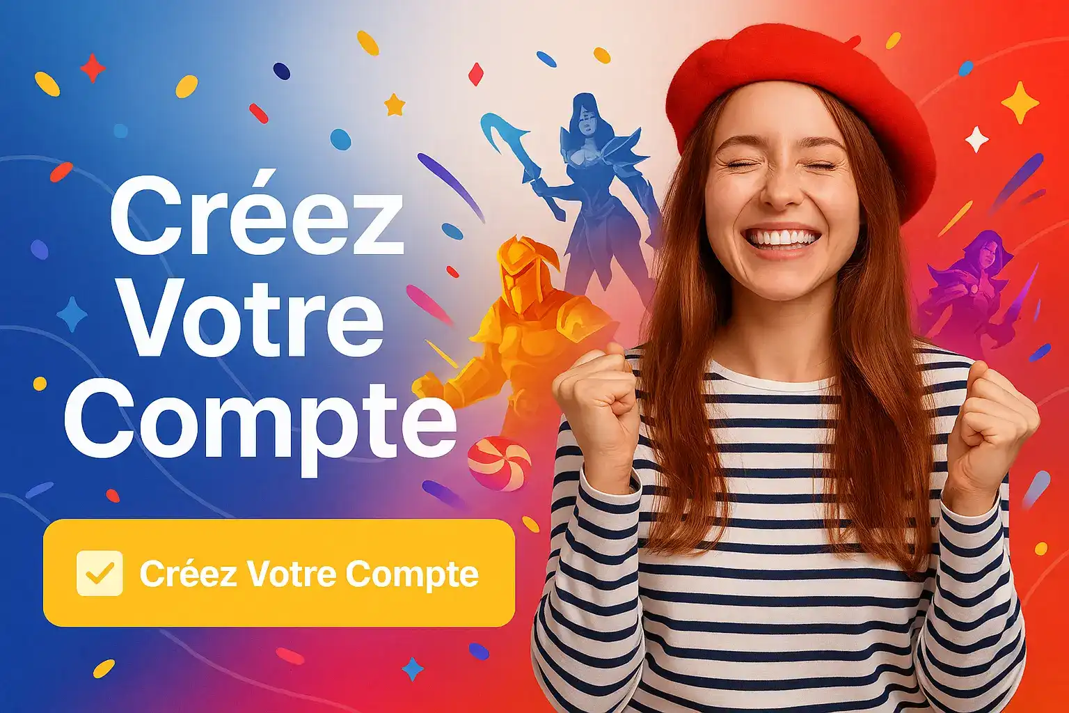 Une femme française joyeuse, portant un béret rouge, célèbre son inscription sur Fatboss. L'image encourage la création d'un nouveau compte joueur.