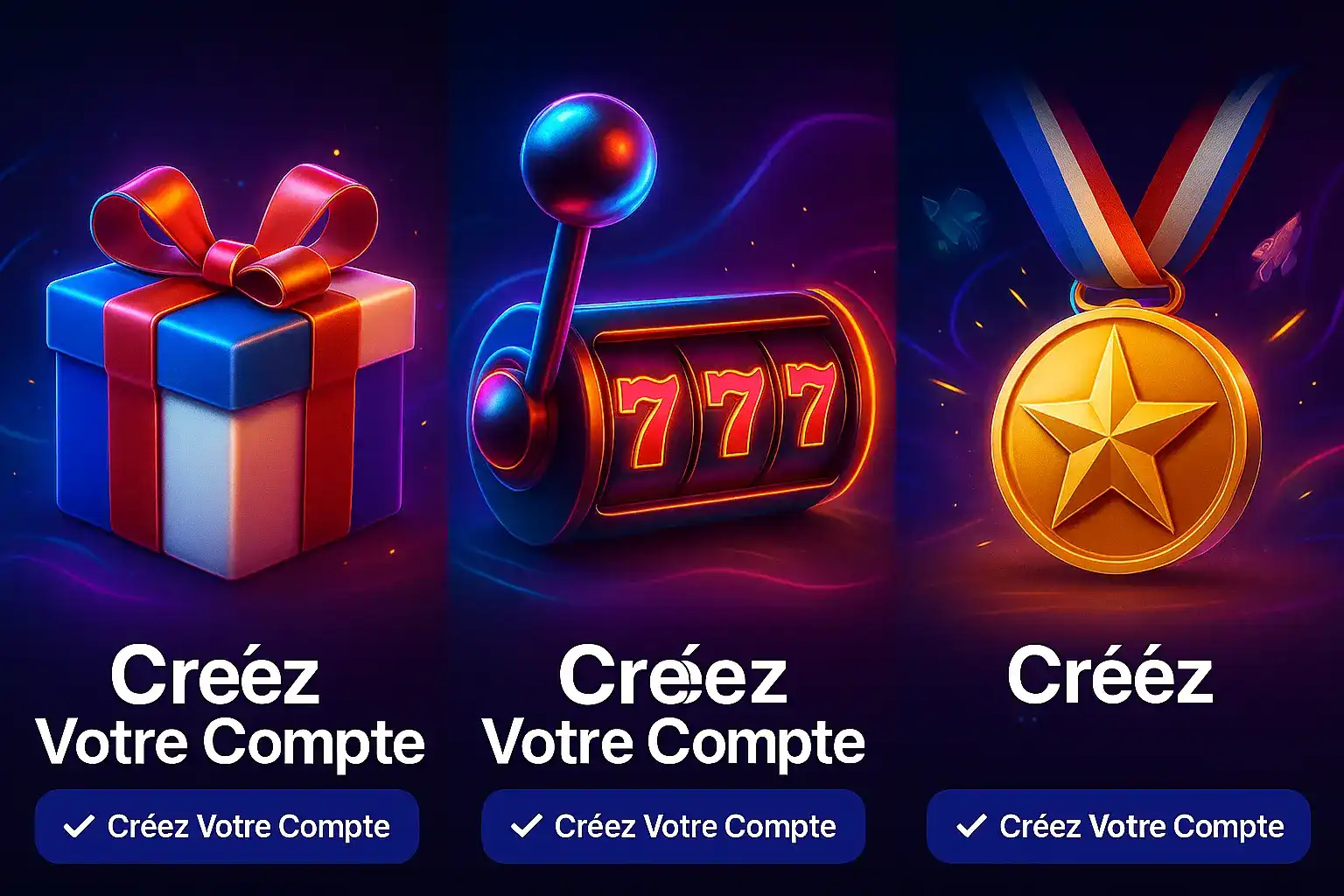 Trois icônes illustrant les avantages de créer un compte sur Fatboss : un cadeau bonus, une machine à sous 777 et une médaille de récompense pour la fidélité.