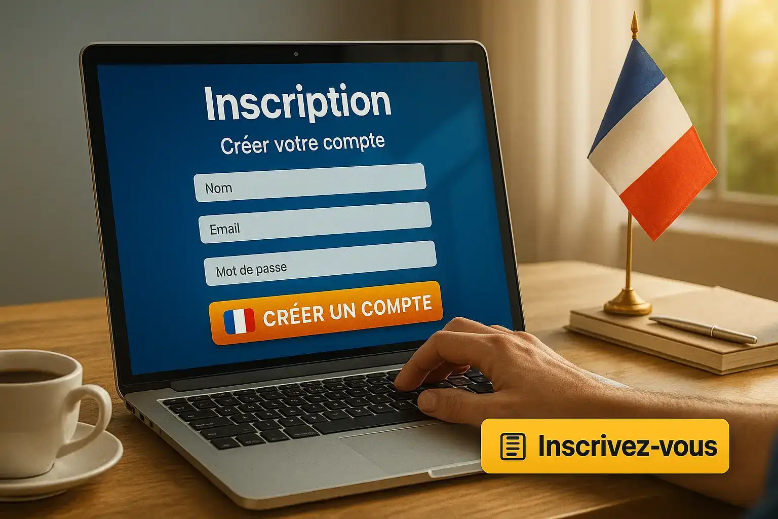 Une personne s'inscrit sur le casino Fatboss via un ordinateur portable, remplissant le formulaire de création de compte avec son nom, email et mot de passe.