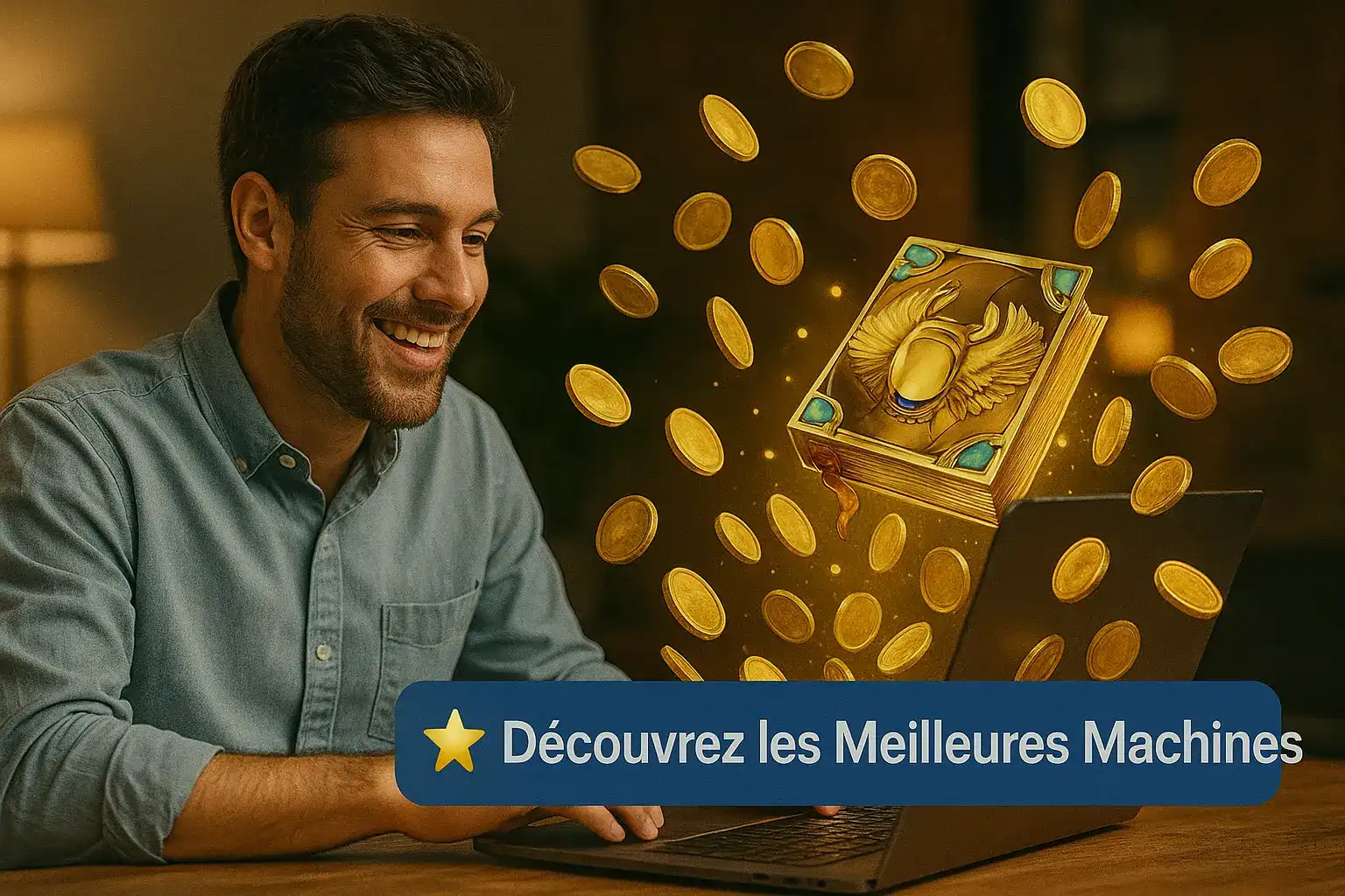 Un homme ravi découvre les meilleures machines à sous sur son ordinateur portable, avec un livre de jeu égyptien et des pièces d'or sortant de l'écran de Fatboss.
