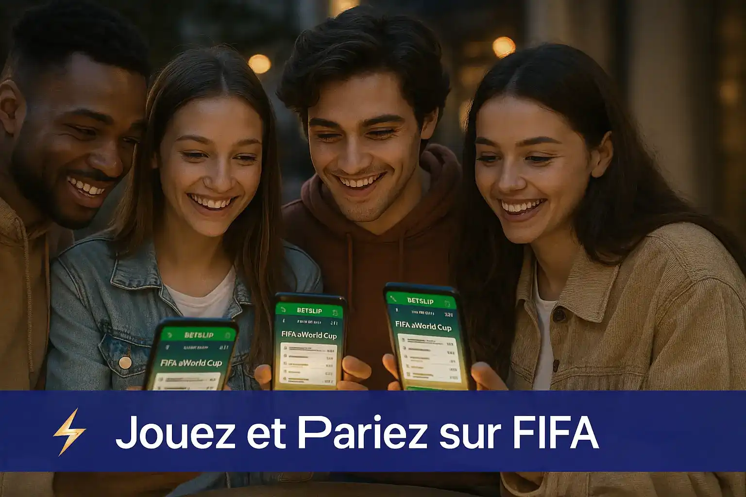 Un groupe d'amis diversifié regarde avec enthousiasme des bulletins de paris pour la Coupe du Monde de la FIFA sur leurs smartphones, en utilisant la plateforme Fatboss.