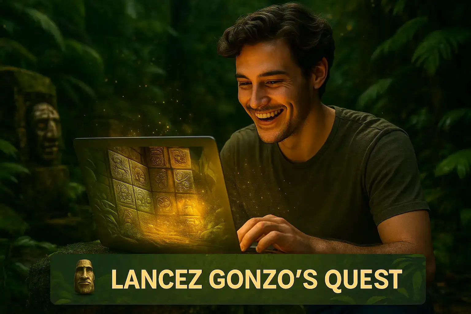 Un homme explore la jungle en jouant à la machine à sous populaire Gonzo's Quest sur son ordinateur portable. Lancez l'aventure sur le casino Fatboss.
