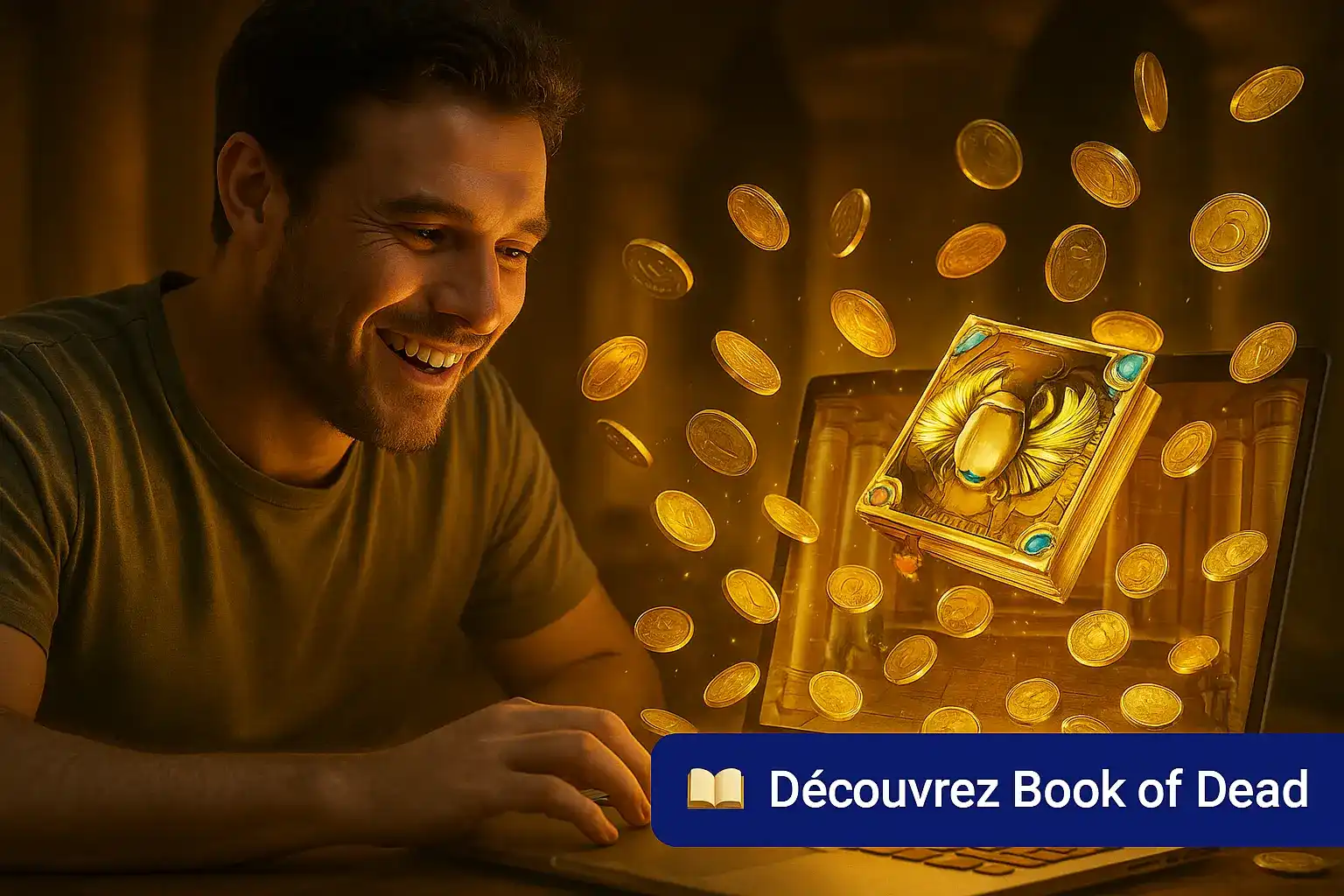 Un homme passionné joue à la machine à sous Book of Dead sur son ordinateur. Le livre ancien du jeu et des pièces d'or sortent de l'écran de Fatboss.