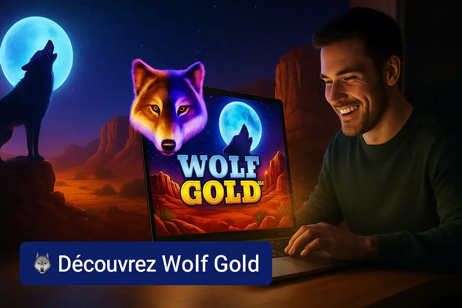 Un homme sourit en jouant à la machine à sous Wolf Gold sur son ordinateur portable. Un loup hurlant à la lune apparaît sur l'écran du jeu de Fatboss.