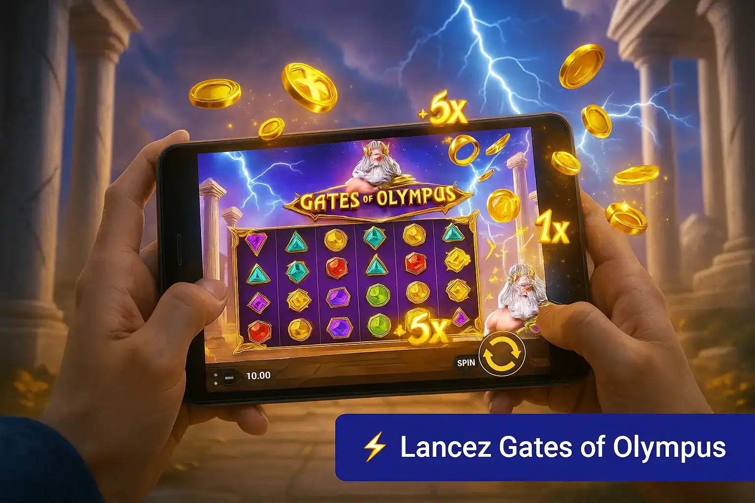 Des mains tenant une tablette affichant la machine à sous Gates of Olympus avec des multiplicateurs de gains et des symboles de gemmes. Jouez à ce jeu sur Fatboss.