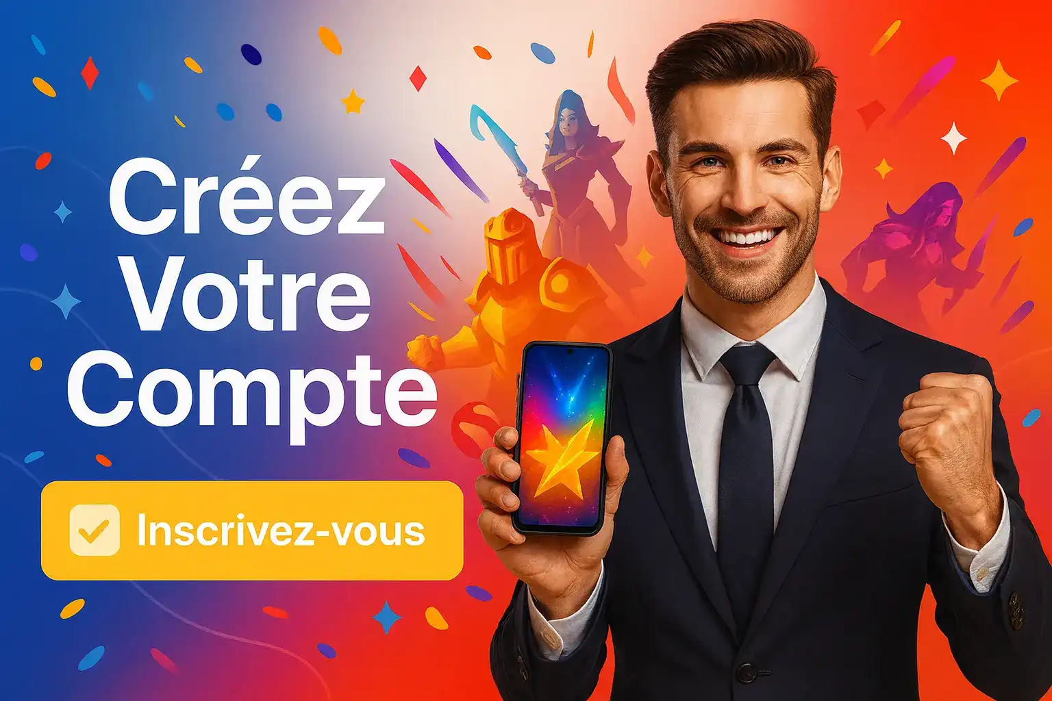 Un homme d'affaires souriant montre son téléphone avec une étoile de bonus après s'être inscrit sur Fatboss, avec des personnages de jeu en arrière-plan.