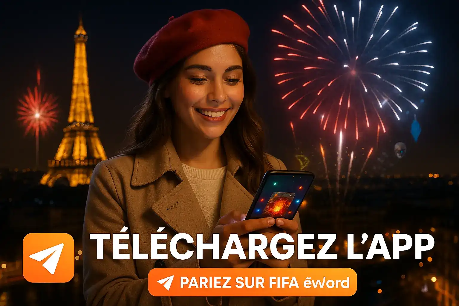 Une femme souriante à Paris la nuit avec des feux d'artifice, utilisant l'application Fatboss pour parier sur FIFA, avec une icône de téléchargement.