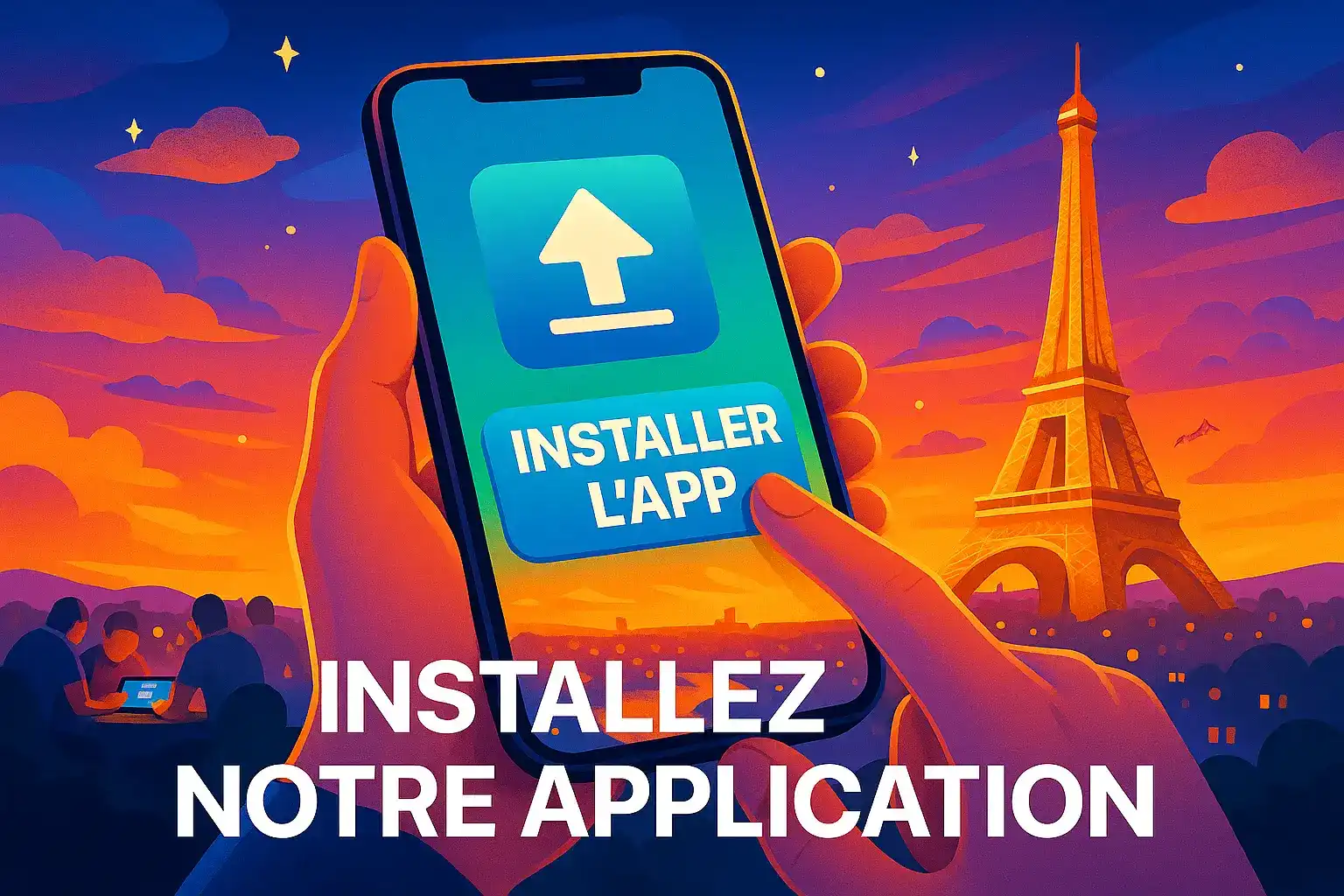Une main tenant un smartphone avec le bouton Installer l'app de Fatboss, sur un fond stylisé de Paris avec la Tour Eiffel au crépuscule.