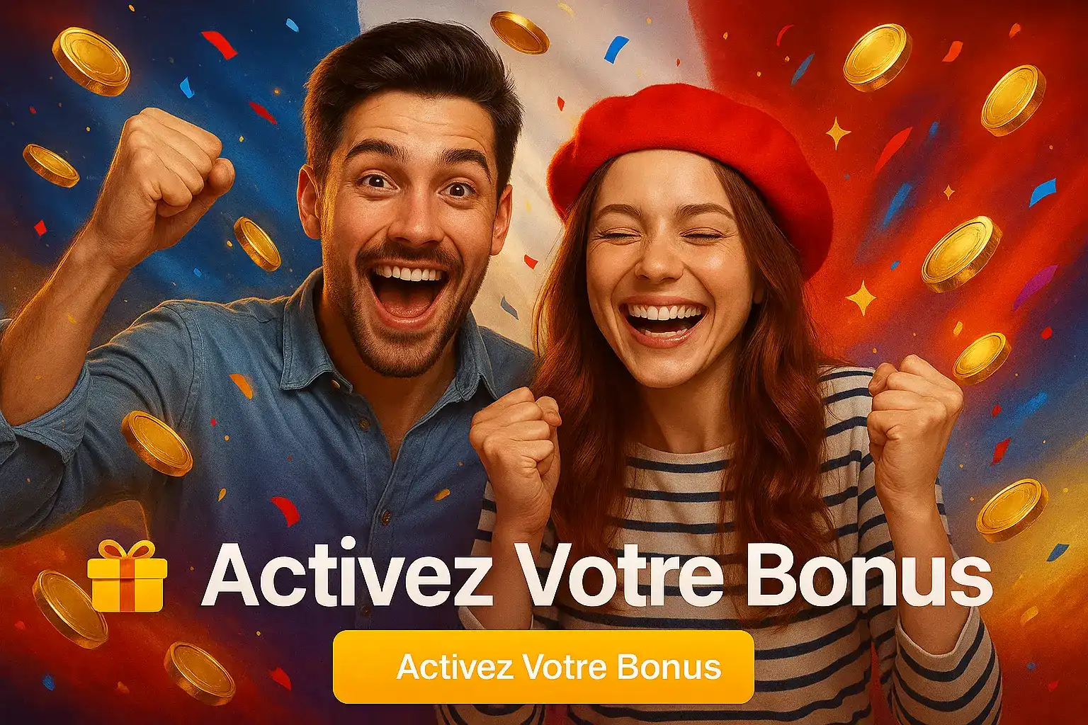 Un jeune couple français, l'homme levant le poing et la femme souriant, célèbre l'activation de leur bonus sur le casino en ligne Fatboss.