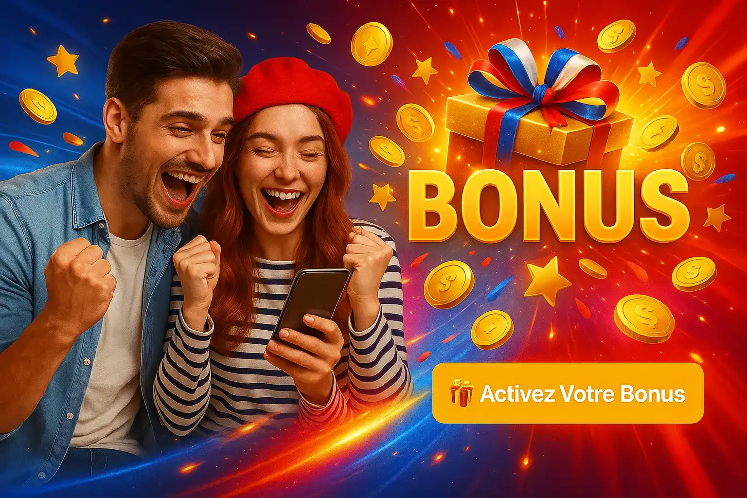 Un couple français excité célèbre un gain sur Fatboss, avec un cadeau bonus, des pièces d'or et des étoiles sur un fond dynamique rouge et bleu.