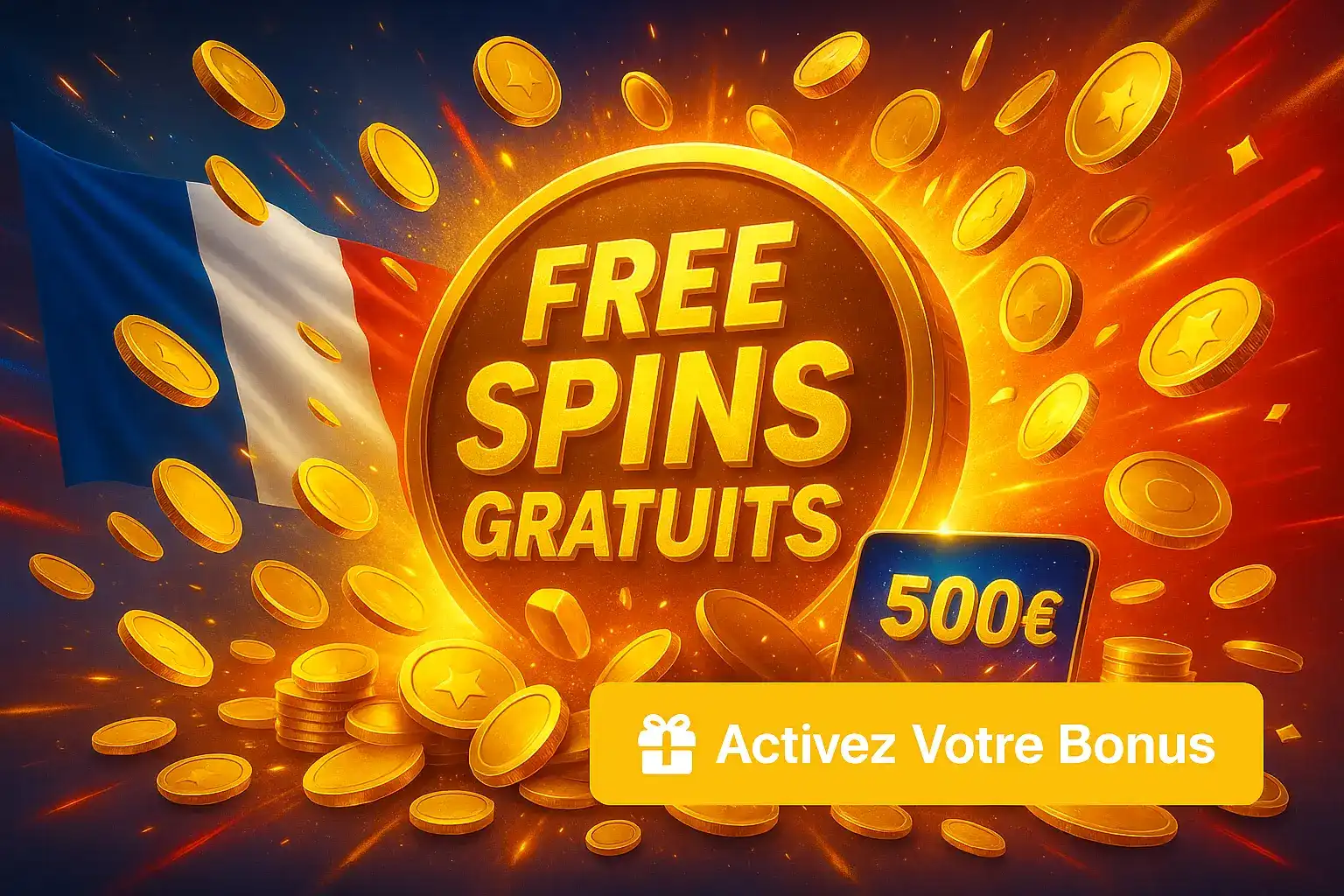 Offre promotionnelle de Fatboss pour des free spins gratuits, avec un bonus de 500€, des pièces d'or et le drapeau français en arrière-plan.