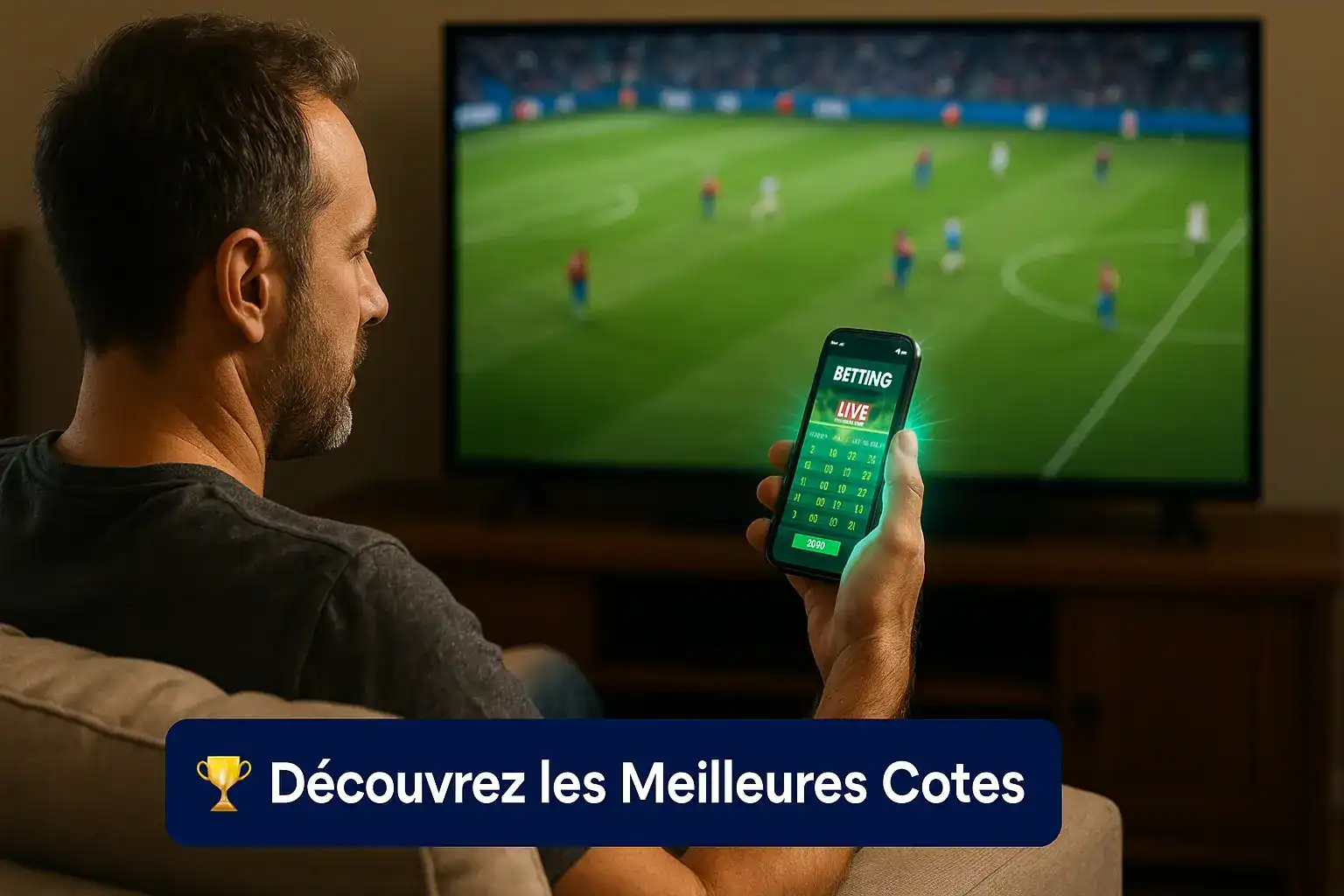 Un homme regardant un match de football à la télévision tout en vérifiant les meilleures cotes de paris en direct sur son smartphone avec l'application Fatboss.