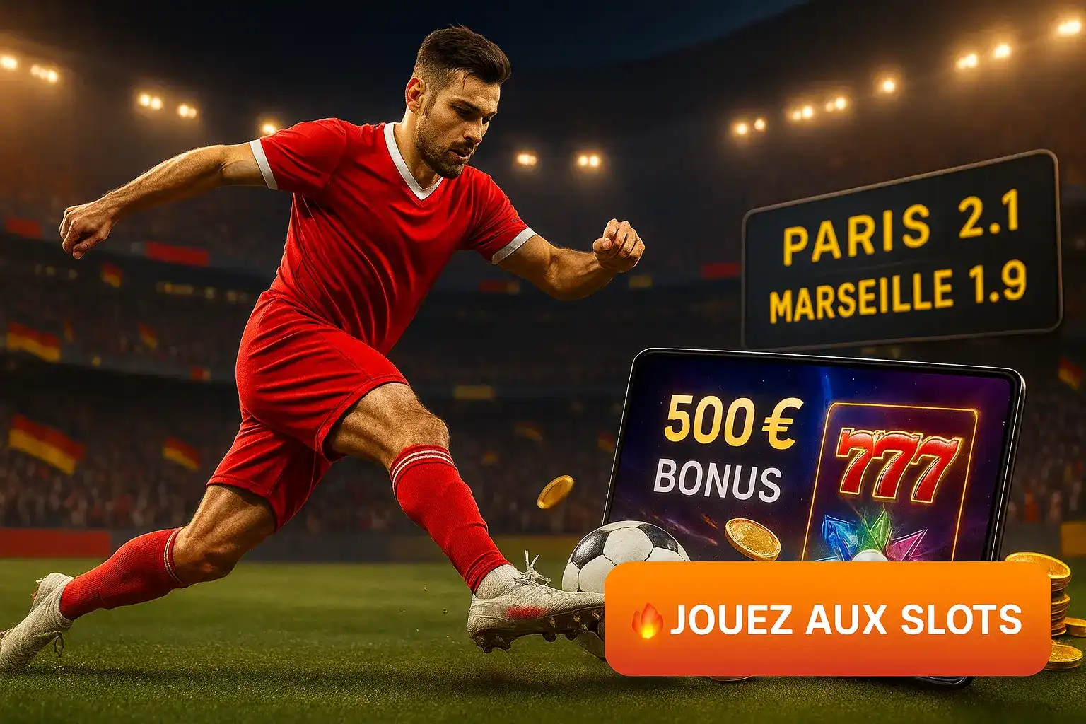 Un footballeur en action sur un terrain, avec une bannière montrant les cotes de paris Paris vs Marseille et un bonus de 500€ pour les machines à sous sur Fatboss.