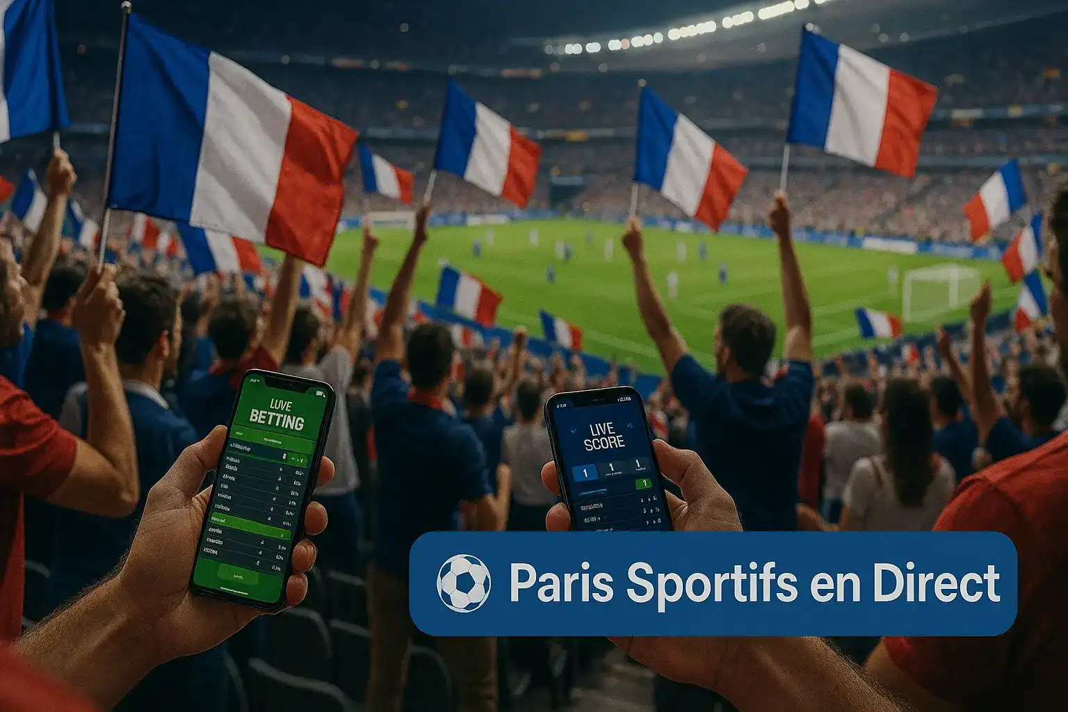 Des supporters dans un stade de football agitant des drapeaux français et plaçant des paris sportifs en direct sur leurs téléphones en utilisant l'interface Fatboss.